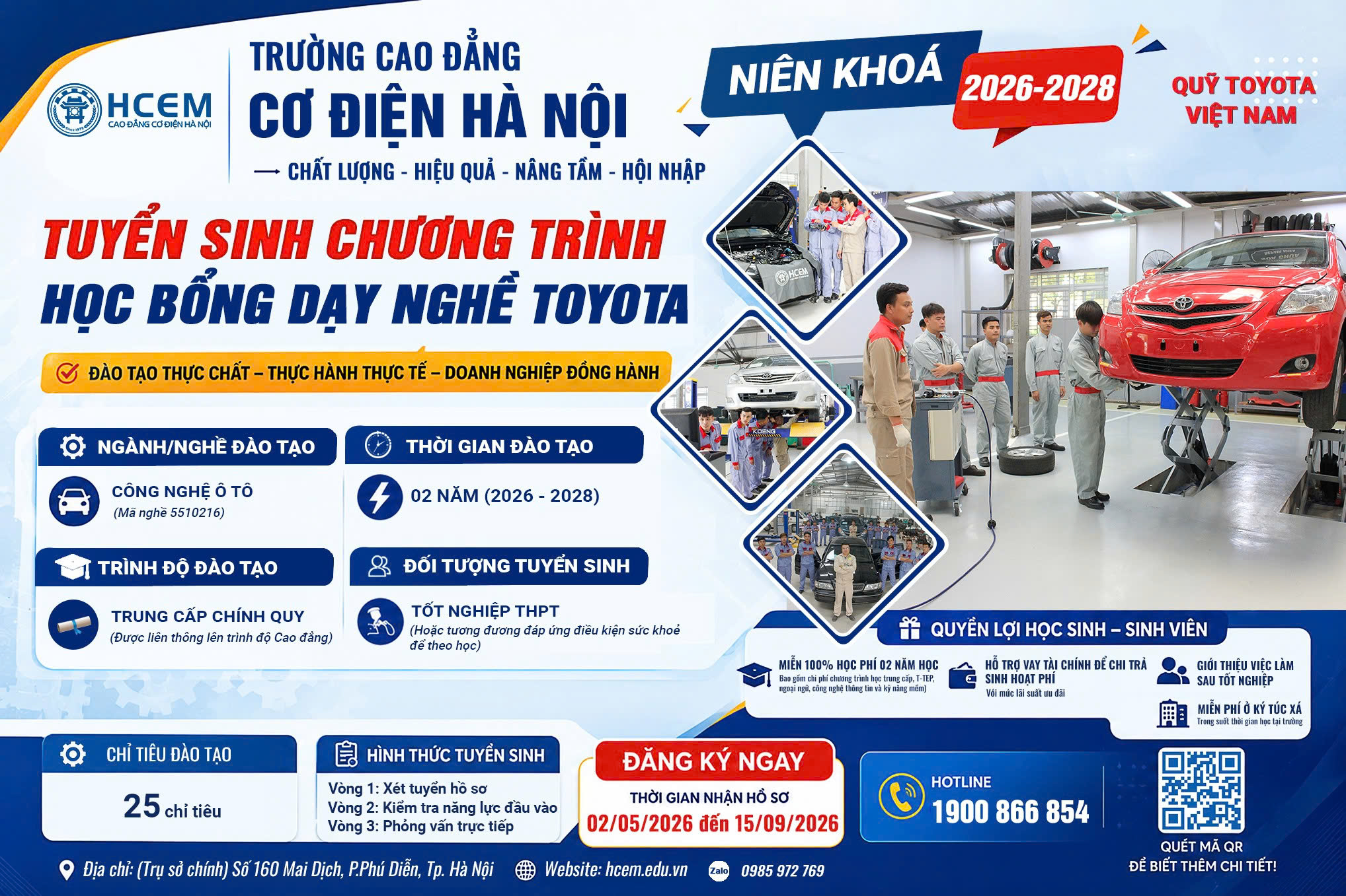 Quỹ Toyota Việt Nam và Trường Cao đẳng Cơ điện Hà Nội thông báo tuyển sinh khóa 6 chương trình Học bổng dạy nghề Toyota